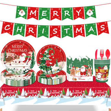 Christmas Merry Christmas Table Cloth Dining Plate Paper Napkins Banner Decoration Paper Plate Party Decoration Supplies_voghion.com