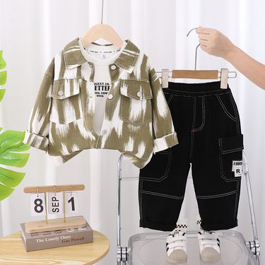 Spring And Stylish 2025 New Autumn Outfit Boys' Korean Fashion Casual Flowing Stripe Wave Print Three-Piece Set_voghion.com