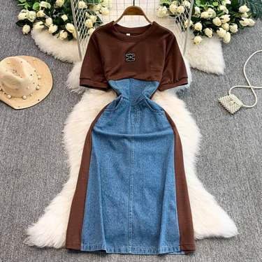 Women's Clothing Summer New Short Sleeve Round Neck Embroidered T Shirt Dress Women's Waist Slimming Denim Splicing Slit Long Skirt_voghion.com