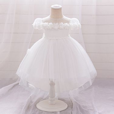 2024 New Girls' Off-Shoulder Flower Girl Dress - 3D Floral Princess Gown With Train For Weddings (70-110cm, EU Size)_voghion.com