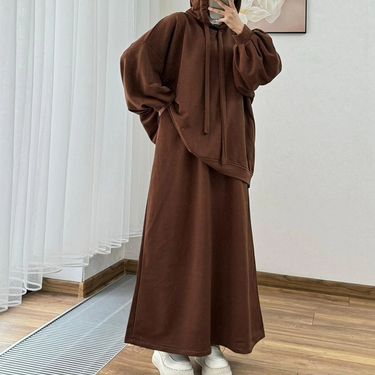 Women's Clothing Long Sleeved Hooded Loose Coat Skirt Casual Suit_voghion.com