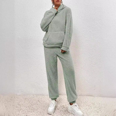 Women's Autumn Plush Warm Round Neck Pajamas Two Piece Set Solid Color Loose Casual Comfortable Ladies Home Clothes_voghion.com