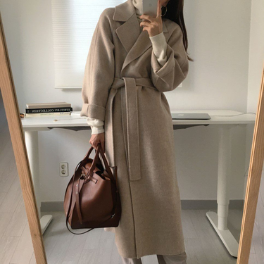 Women's mid-length woolen suit collar loose tie double-sided woolen coat_voghion.com