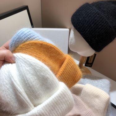 Thickened gram weight rabbit fur knitted hat fashionable and simple solid color soft waxy warm wool hat women_voghion.com