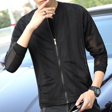 2022 Men's Casual Breathable Mesh Skin Lightweight with Hollow out Stand up Collar Sunscreen Clothes for Men_voghion.com