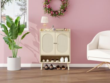 Schuhschrank Naturholz Mit Rattanfront, Ablagefläche 68x35x90cm_voghion.com