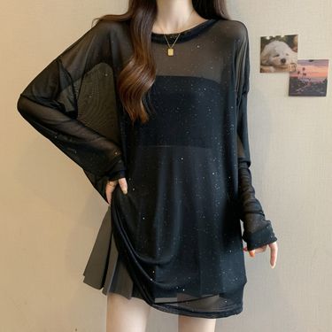 girl Plus Size Women's Summer New Design Sense Sequin Sun Protection Long Sleeve T-Shirt Loose Slimming Covering Versatile_voghion.com