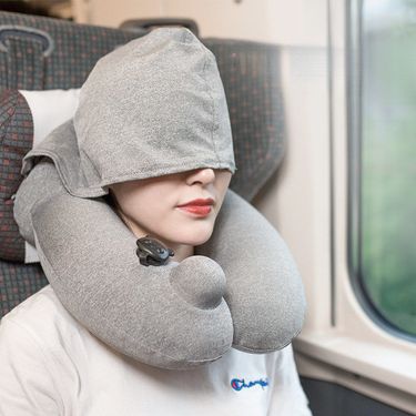 Hooded Inflatable Airplane Neck Support With Hood Portable Travel Sleeping Artifact Press U-Shaped Pillow_voghion.com
