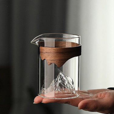 Japanese-Style Borosilicate Glass Fairness Cup Set - 450ml & 350ml Wooden Holder Options, Minimalist Tea Serving Pitcher With Built-in Strainer_voghion.com