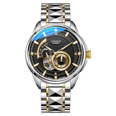 Men's Automatic Skeleton Mechanical Watch With Large Dial, Black Racing Design, Stainless Steel Case And Band, Sapphire Crystal, Luminous Hands_voghion.com