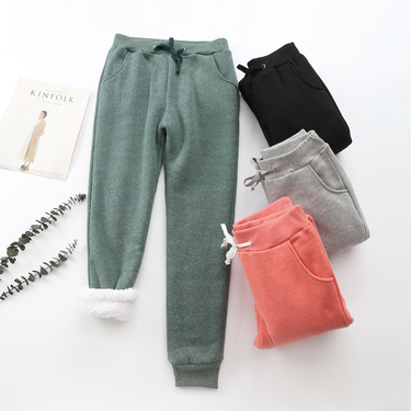 Women's lamb fleece thick warm footpants loose casual sweatpants and fleece solid student pants_voghion.com
