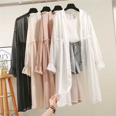 Chiffon Blouse Jacket Mid-Length Sun Protection Women's Casual Korean Style Loose Thin Plus Size Summer Student Beach_voghion.com