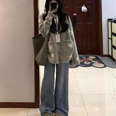 girl Gray Sweater Early Spring And Autumn New Style Elegant Turn-Down Collar Color-Block Design Knitted Cardigan Women's Coat_voghion.com