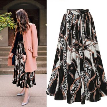 Women's Clothing 8191#Big size women's spring and summer new chiffon pleated skirt high waist skirt printed medium long big swing skirt_voghion.com