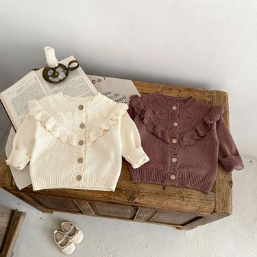 Girls' autumn clothing 2024, baby girl 0-3 years old, hand embroidered ruffle edge knitted jacket, cotton yarn sweater_voghion.com