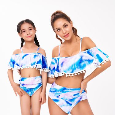 Mother & Kids swimsuit parent-child foreign trade split 2024 bikini ruffled tassel large, medium and small girls swimsuit bikini_viptrois.com