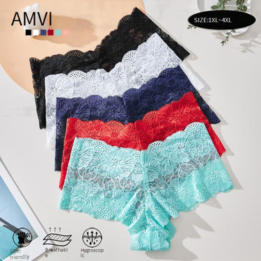 Women Plus Size Panties Large size sexy lace solid color underwear transparent hollow cotton crotch 280 pounds fat MM spot_voghion.com