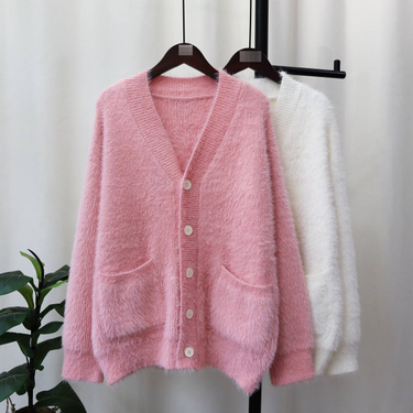 Imitation Mink Fleece Knitted Cardigan Women's Korean Style Loose V Neck Versatile Solid Color Autumn And Winter New Sweater Coat Trendy Thick_voghion.com