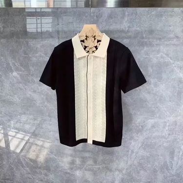 Men's Clothing Summer cardigan knitted polo shirt style slim fashion trend contrast color hollow ice silk breathable short sleeved T shirt for men_voghion.com