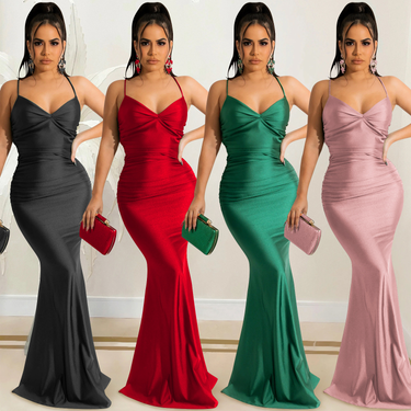 Women's Clothing Solid color sexy halter wrap breast halter strap sheath long dress_viptrois.com