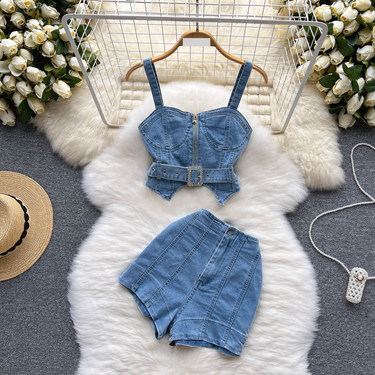 Denim suspenders zipper waist vest short outer wear hot girl top summer two-piece suit high waist wide leg shorts_voghion.com