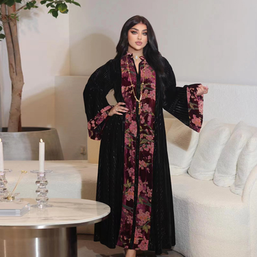 Muslim Arabian Dubai Golden Velvet Jacquard Temperament Evening Dress Retro Fashion Jalabia Women's Clothing_viptrois.com