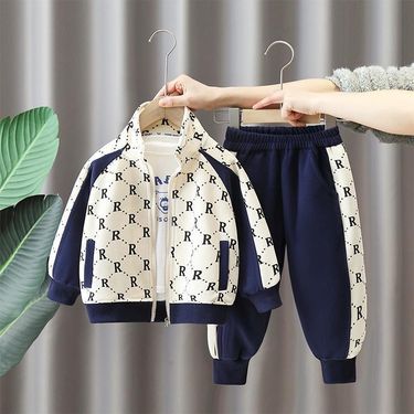 Mother & Kids Boys' Winter Fleece Tracksuit Set With Stand Collar - Cozy Two-Piece Outfit For Kids (3-8 Years, 100-140cm) - Blue & Beige Letter_voghion.com