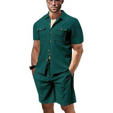 CT New Summer Men's Waffle Solid Color Pocket Shirt Short Sleeve Shorts Two-Piece Set_voghion.com