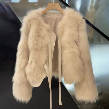 Women's clothing imitation fox fur coat for women, age-reducing temperament, short versatile lace-up thick top_voghion.com