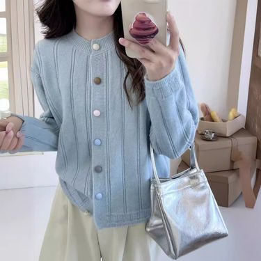 New Sweet Lazy Color Block Style Round Neck Knitted Cardigan Early Autumn Winter Inner Sweater Coat_voghion.com