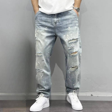 Streetwear Spray Paint Jeans - Distressed Washed Denim Pants With Graffiti Art, Straight Leg Unisex High Waist Ripped Jeans (Blue, 28-36)_voghion.com