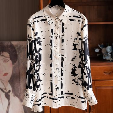 Women's Clothing Silk Commuting Letter Color Matching Long Sleeved Mulberry Silk Shirt_voghion.com