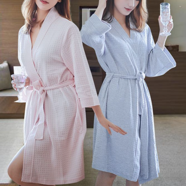 Premium Cotton Hotel-Style Bathrobe For Men & Women - Ultra Absorbent, Quick-Dry, Lightweight Waffle Weave Robe For Summer & All Seasons_voghion.com