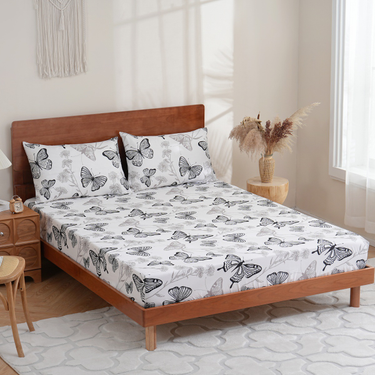 Soft Fiber Black&White Butterfly Printed Skin Friendly Bed Fitted Sheet Mattress Protector Fitted Sheet_voghion.com