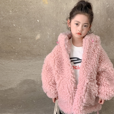Girls' Ears Hooded Fur Coat Winter Children's Fleece And Lamb Wool Medium-long Fur Coat_voghion.com