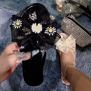 Women's Floral Embellished Flip Flops - Comfortable PVC Crystal Sandals With Bowknot Design For Casual Wear_voghion.com