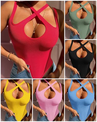 Women's Clothing red sexy cross halter neck design tight jumpsuit_voghion.com