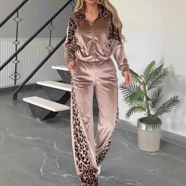 Women's Clothing Leopard Print Contrast Trousers Long Sleeved Home Clothes Suit_voghion.com