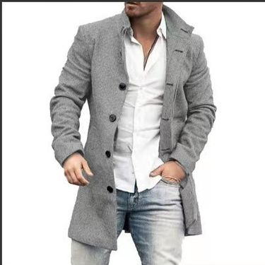 New Men's 3D Printed Woolen Stand Up Collar, Mid Length Casual Pocket Coat Jacket_voghion.com