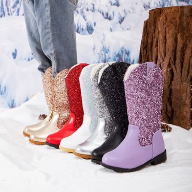 Kids' Shoes Sequined girls princess boots autumn and winter new style little girl western boots children's plus velvet warm round toe long boots_voghion.com