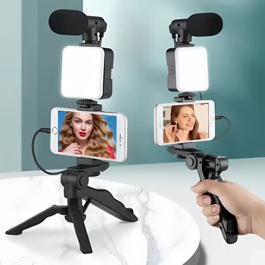 Fill Light, Microphone, Selfie Stick Set, 5-in-1 Portable Mobile Phone Tripod, Suitable For Live Streaming, Vlog, Outdoor Activities, Interviews_voghion.com