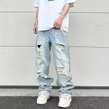 Men's Distressed Washed Denim Jeans - High Street Baggy Straight Leg Pants With Vintage Streetwear Style_voghion.com