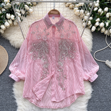 Women's Clothing Versatile Long Sleeved Shirt Female Celebrity High End Beaded Sequined Thin Lantern Sleeve Shirt Loose Casual Top_voghion.com