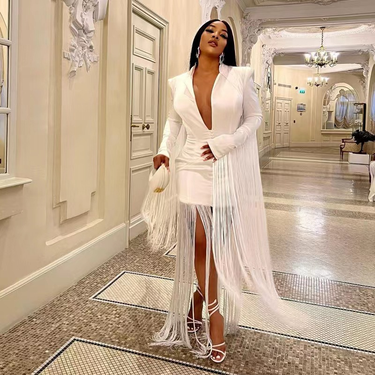 Women's Clothing Deep V Sexy Waist Tight Long-Sleeved Fringed Dress_viptrois.com