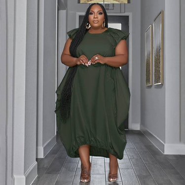 Women's Clothing Fashion Plus Size Women's Solid Color Double Pocket Loose Dress_voghion.com
