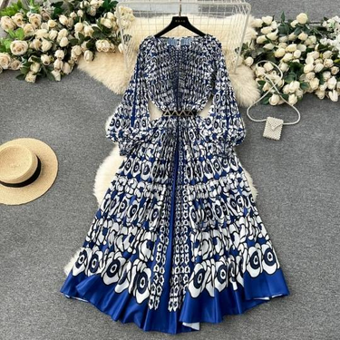 Women's Clothing 2024 new women's dress with oversized skirt printed pleated waist and tie up for holiday leisure long skirt_voghion.com
