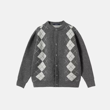 Men's Vintage Diamond Pattern Knit Cardigan Sweater - Unisex Autumn Winter Plaid Jacquard Pullover Coat With Contrast Color Design_voghion.com