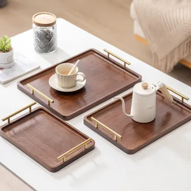 Ebony Rectangular Wooden Tray with Golden Metal Handle for Water Cup Fruit Food Bread Sundries Serving Tray Household Organizer_voghion.com