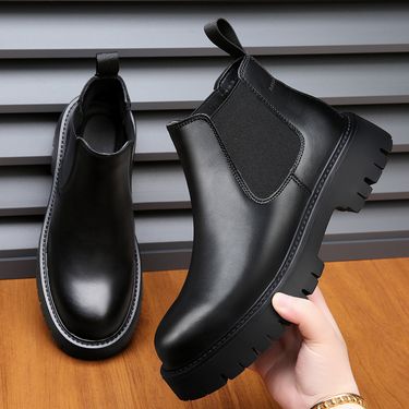 European Warm Series 2025 Korean Version British Style Men's Casual High-top Shoes Business Simple Leather Martin Slip-on Short Boots_vogvips.com