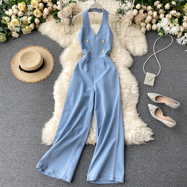 Women's fashion sleeveless halter high waist slim wide leg denim jumpsuit_voghion.com